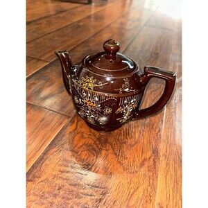 Vintage Brown Betty Redware Teapot Moriage Enamel Hand Painted- Made In Japan-